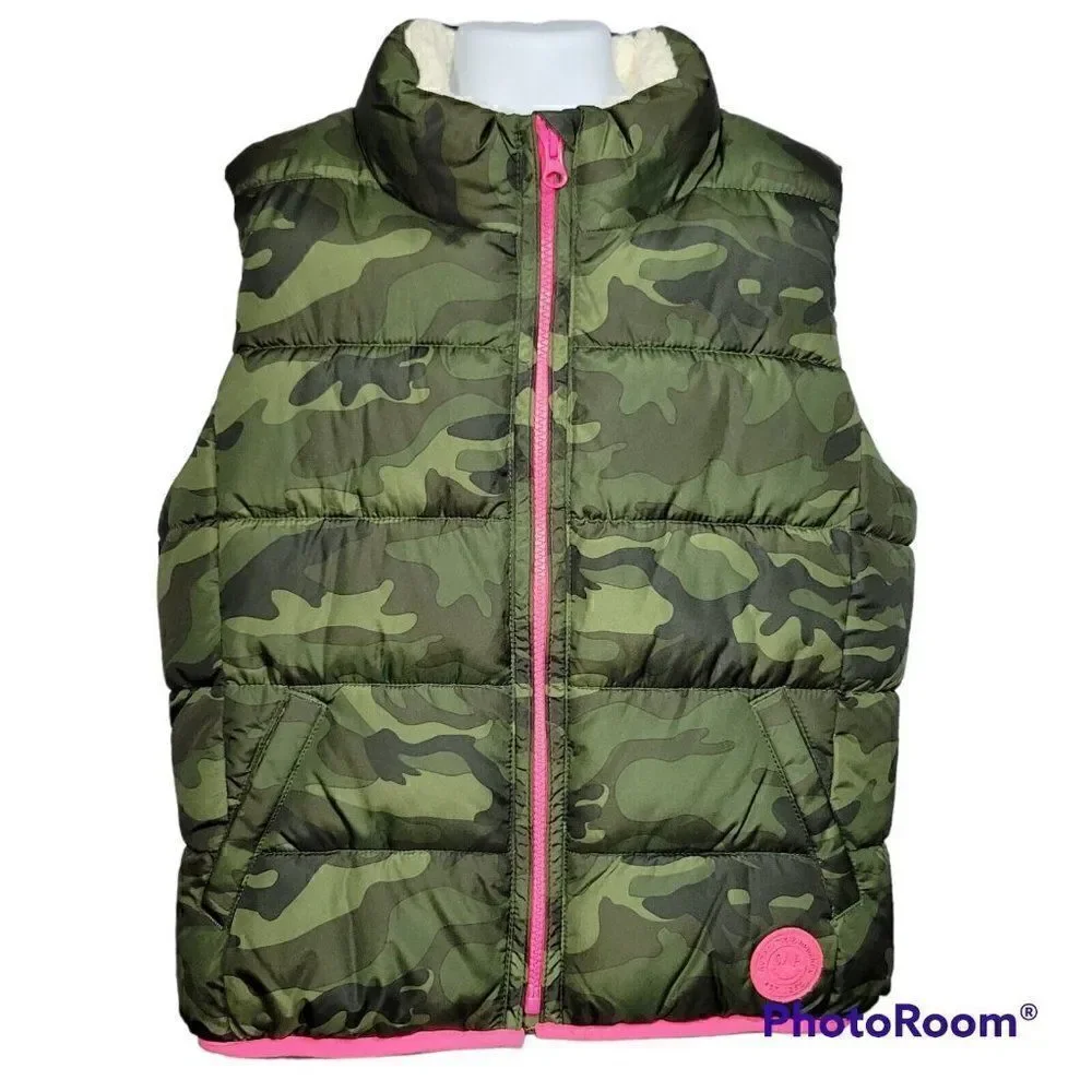 GAP Kids Puffer Vest Girls‎ Size Large Camo Print Green Pink Soft Sherpa Lined